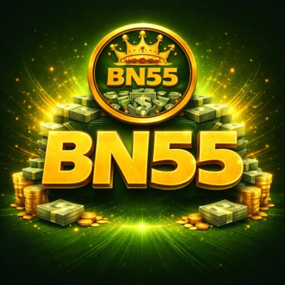 BN55 Game golden logo with a royal crown, stacks of cash, and gold coins glowing on a green background.
