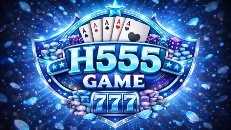 H555 Game official casino logo in blue and silver colors featuring bold 3D text, playing cards, poker chips, dice, and glowing coins on a dark black background.