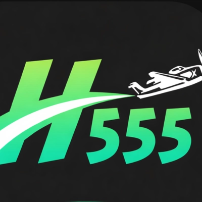 H555 Game official casino logo in blue and silver colors featuring bold 3D text, playing cards, poker chips, dice, and glowing coins on a dark black background.