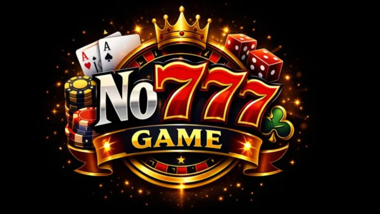 No777 Game luxury gaming emblem showing crown, cards, dice, chips, and glowing 777 numbers.