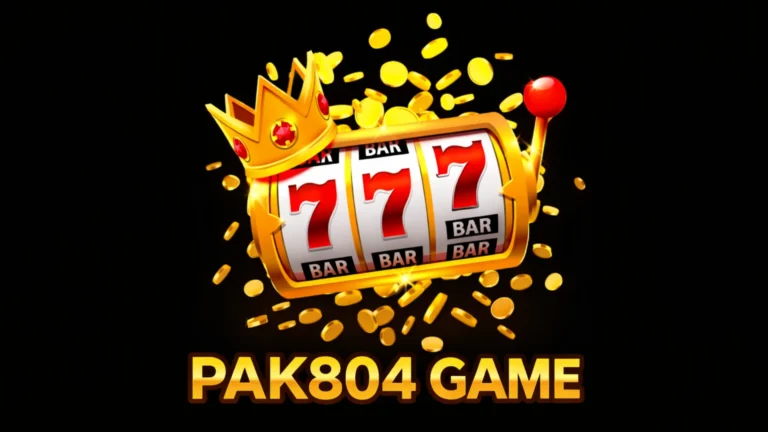 PAK804 Game logo with golden slot machine showing 777 symbols, flying coins, and a royal crown on a dark background