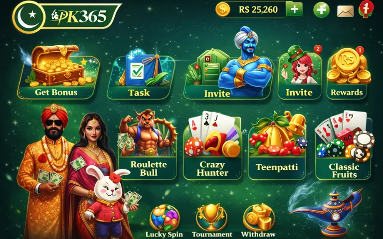 Dark green themed PK365 gaming app interface showing casino-style games, bonus options, wallet balance, and colorful character icons.
