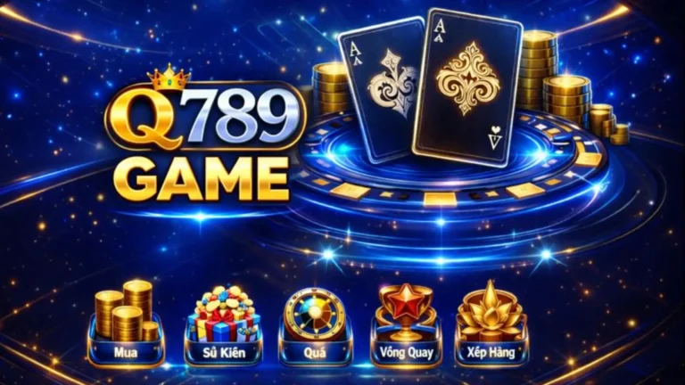 Q789 Game promotional banner showing playing cards, gold coins, rewards icons, and a glowing casino-style background.