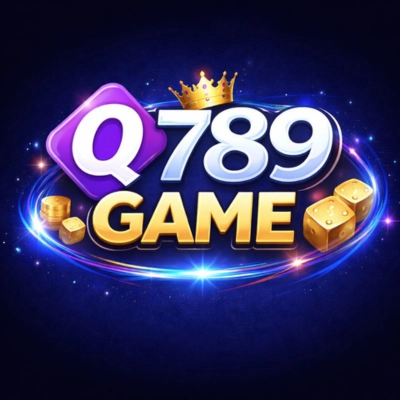 Q789 Game logo featuring glowing text, a golden crown, dice, and coins on a dark blue background.