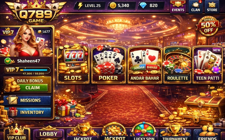 Q789 Game app main lobby interface displaying slots, poker, andar bahar, roulette, teen patti, VIP level, coins, diamonds, and jackpot features.