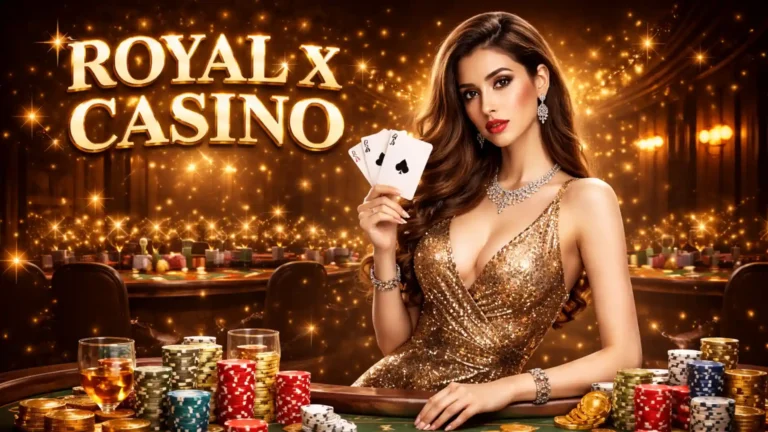 Royal X Casino game image showing a stylish casino scene with playing cards, chips, and a luxury gold theme