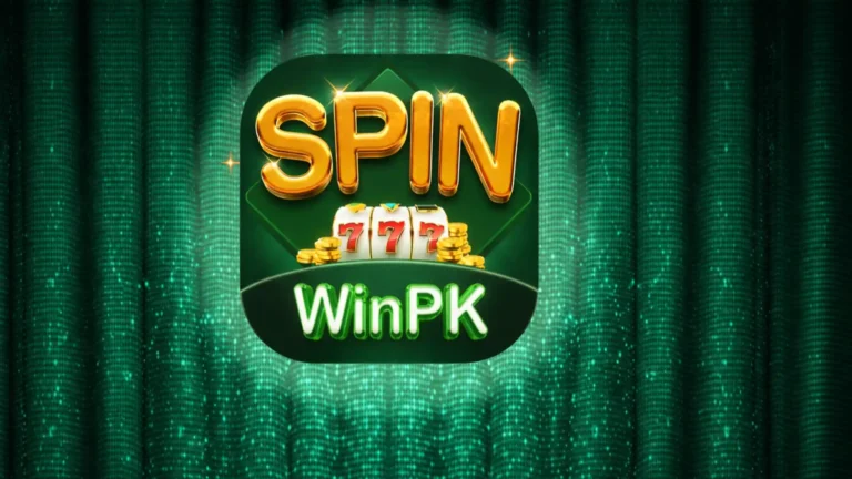 SpinWinPK app logo featuring bold gold SPIN letters, 777 slot reels, and a stylish green background.