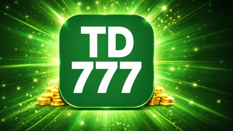 TD777 Game logo with bold white text on a green background, surrounded by glowing light rays and stacks of gold coins.