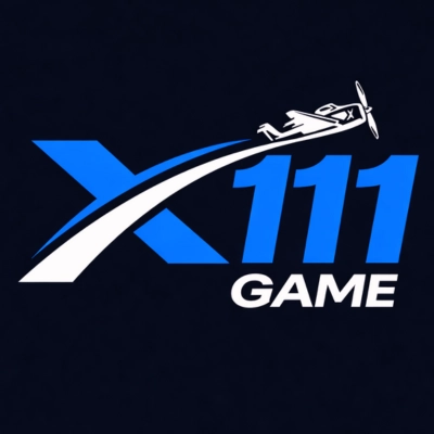 A modern X111 GAME logo featuring a blue “X,” bold “111,” and a white airplane leaving a curved trail on a dark navy background.