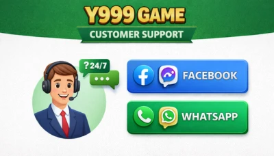 Y999 Game customer support image showing 24/7 help with Facebook and WhatsApp contact options.