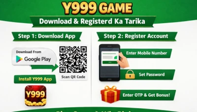 Y999 Game download and registration guide showing steps to install the app and create an account using mobile number and OTP.