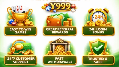 Y999 Game feature icons showing easy-to-win games, referral rewards, 24-hour login bonus, customer support, fast withdrawals, and secure gameplay.