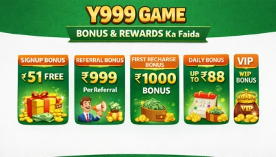 Y999 Game bonus and rewards image showing signup bonus, referral bonus, recharge bonus, daily bonus, and VIP rewards.