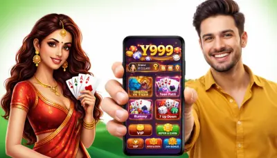 Promotional image showing a smiling man holding a smartphone with the Y999 game interface, alongside a woman in traditional attire holding playing cards.