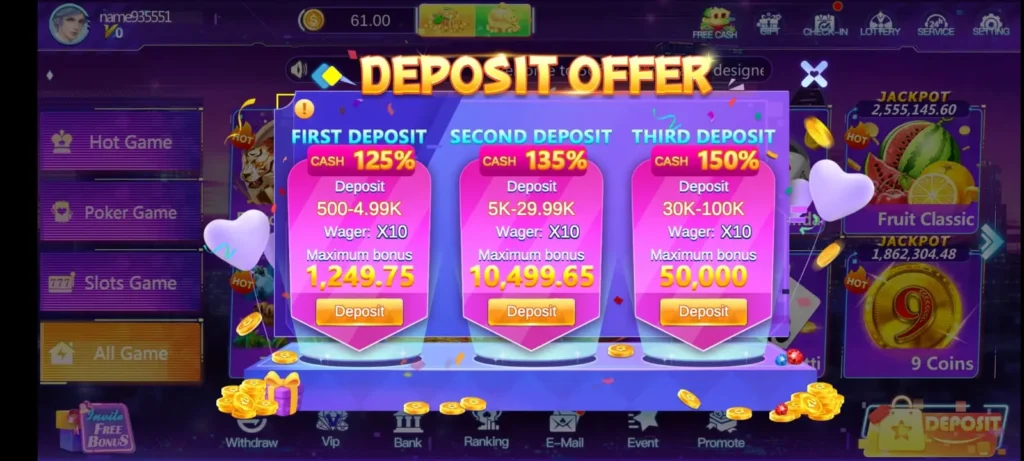 567ZK Game deposit offer screen showing first, second, and third deposit bonus percentages