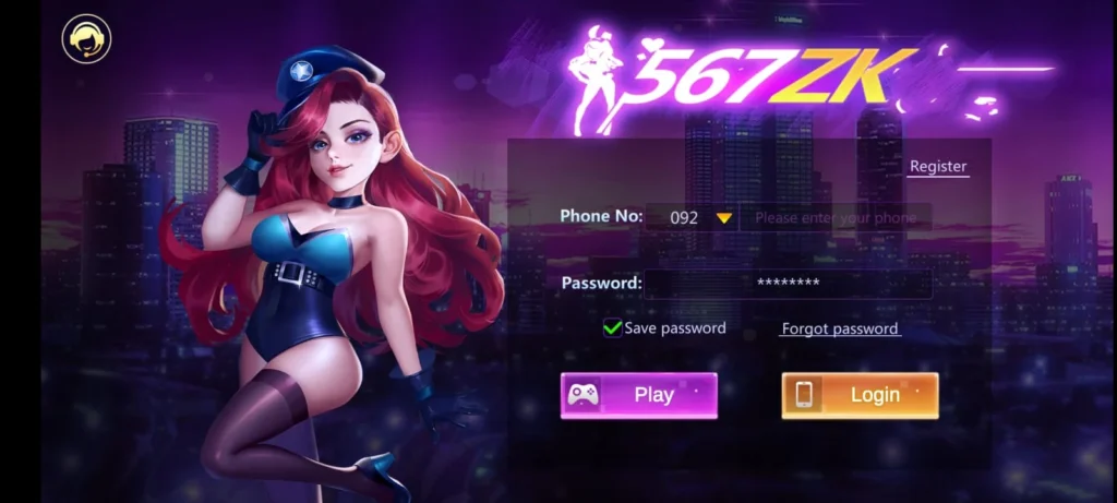 567ZK Game registration and login screen showing phone number and password fields on a mobile app interface
