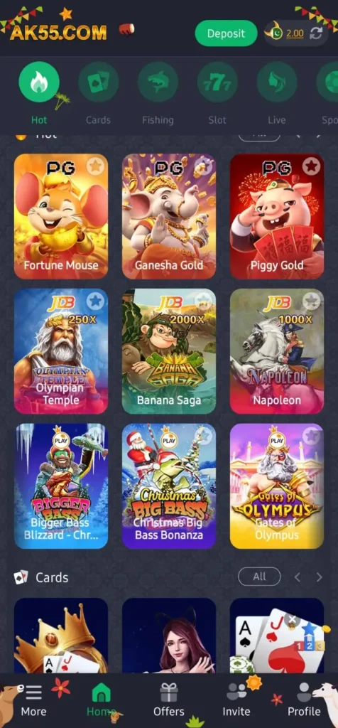 AK55 Game cards section showing multiple game options, deposit feature, and category navigation inside the app