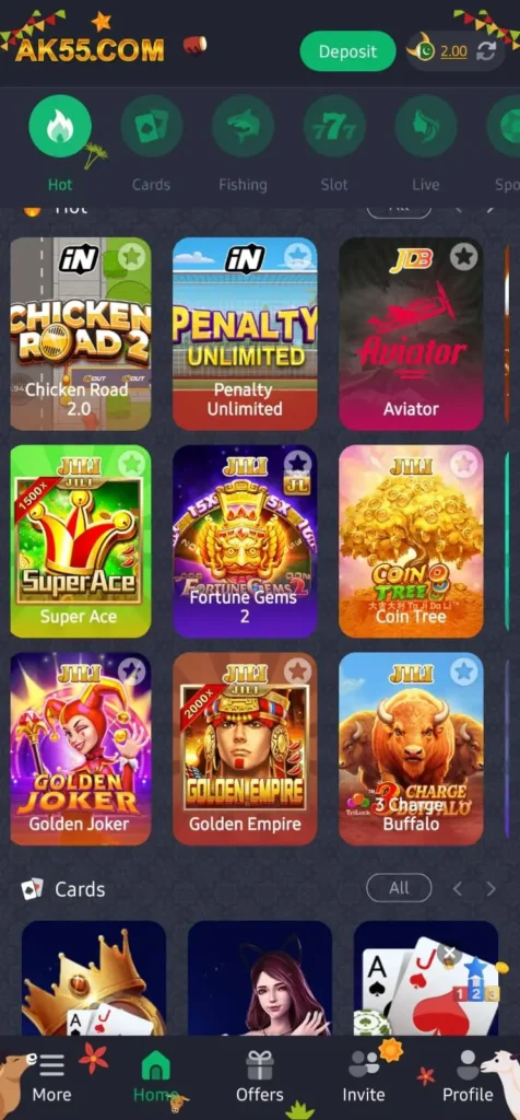 AK55 Game home screen showing hot games, deposit button, and popular casino game tiles in a grid layout