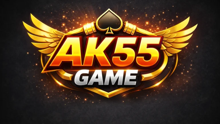 AK55 Game logo with golden wings, spade icon, and casino dice on dark background
