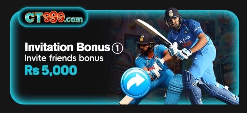 CT 999 invitation bonus banner showing Rs 5,000 reward for inviting friends with cricket theme