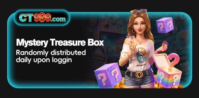 CT999 Mystery Treasure Box banner showing daily login reward feature with surprise gift boxes