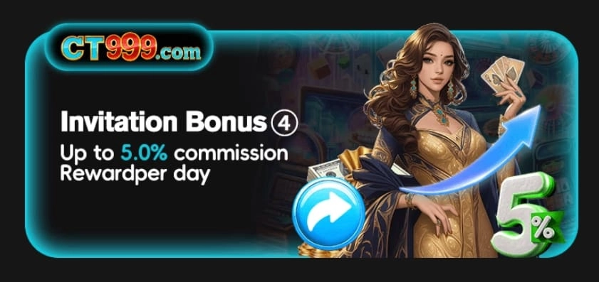 CT999 invitation bonus banner showing up to 5% commission reward per day with referral promotion
