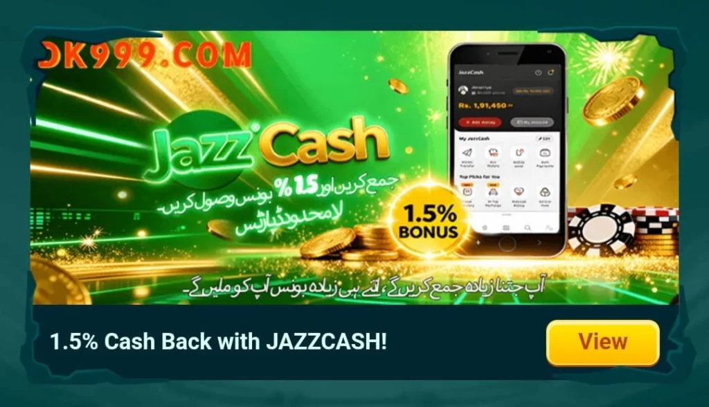 DK999 app promotion banner showing JazzCash cashback offer with mobile wallet interface