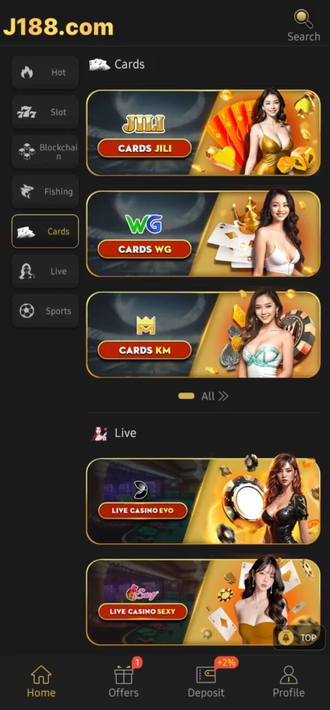 J188 Game cards category screen showing JILI, WG and KM card games with live section options
