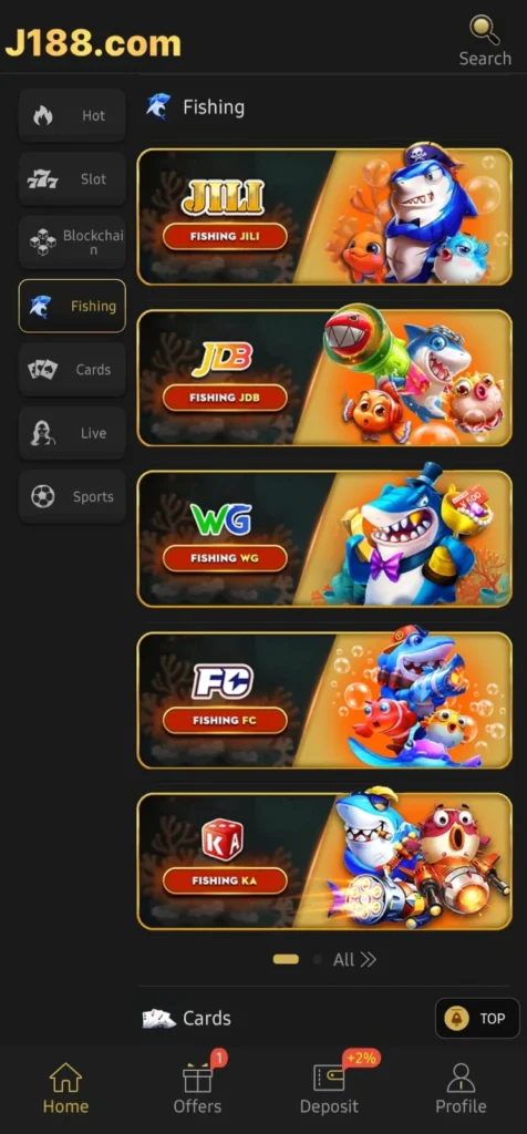 J188 Game fishing category screen showing JILI, JDB, WG, FC and KA fishing games list