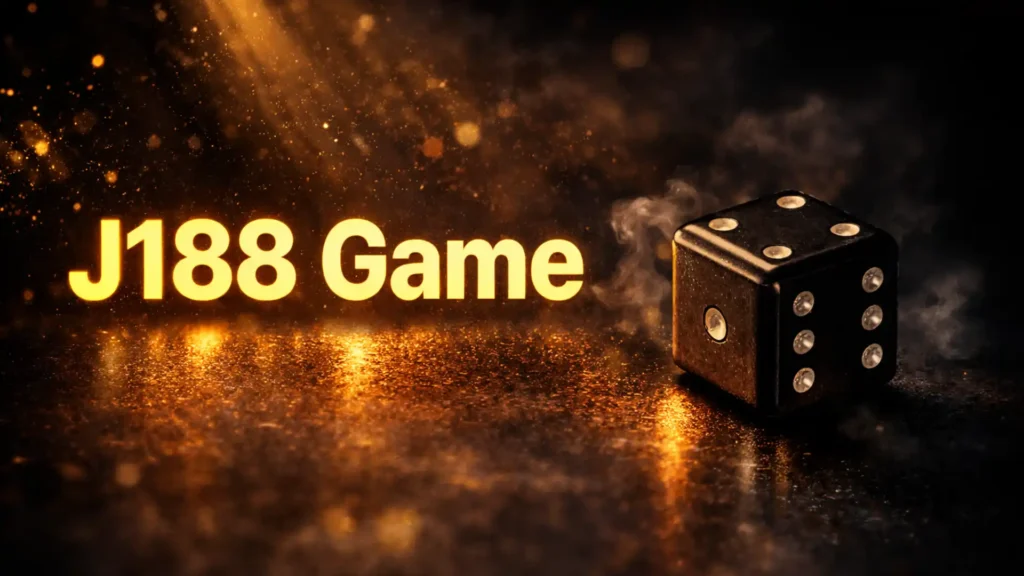 J188 Game banner image with glowing title text and a black dice on a dark golden background