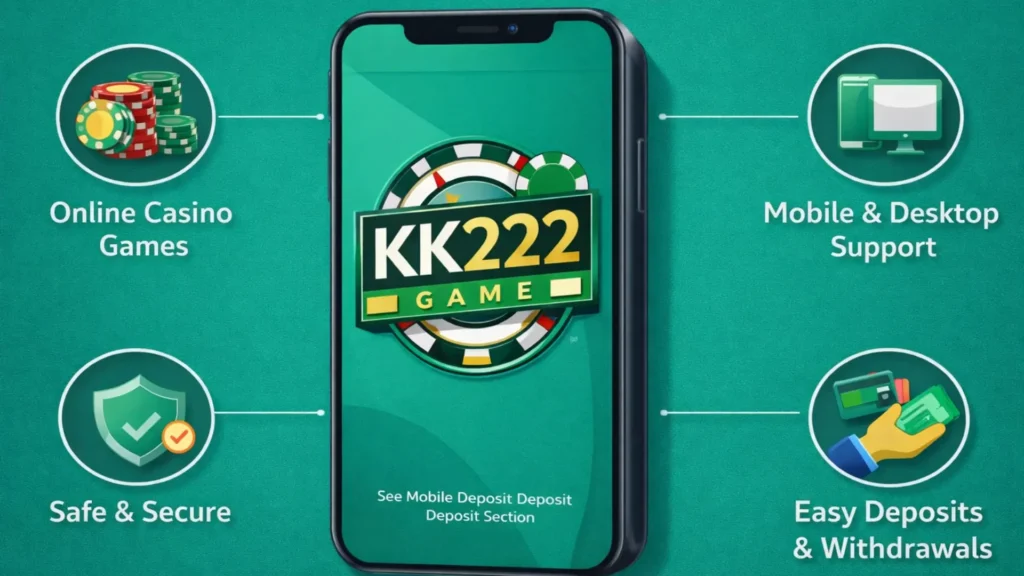 KK222 Game app showing online casino games, secure system, mobile and desktop support, and easy deposit and withdrawal options