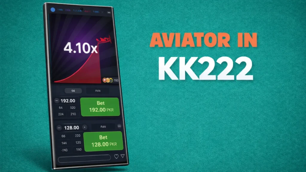 Aviator game screen in KK222 Game app showing multiplier graph and betting options on mobile