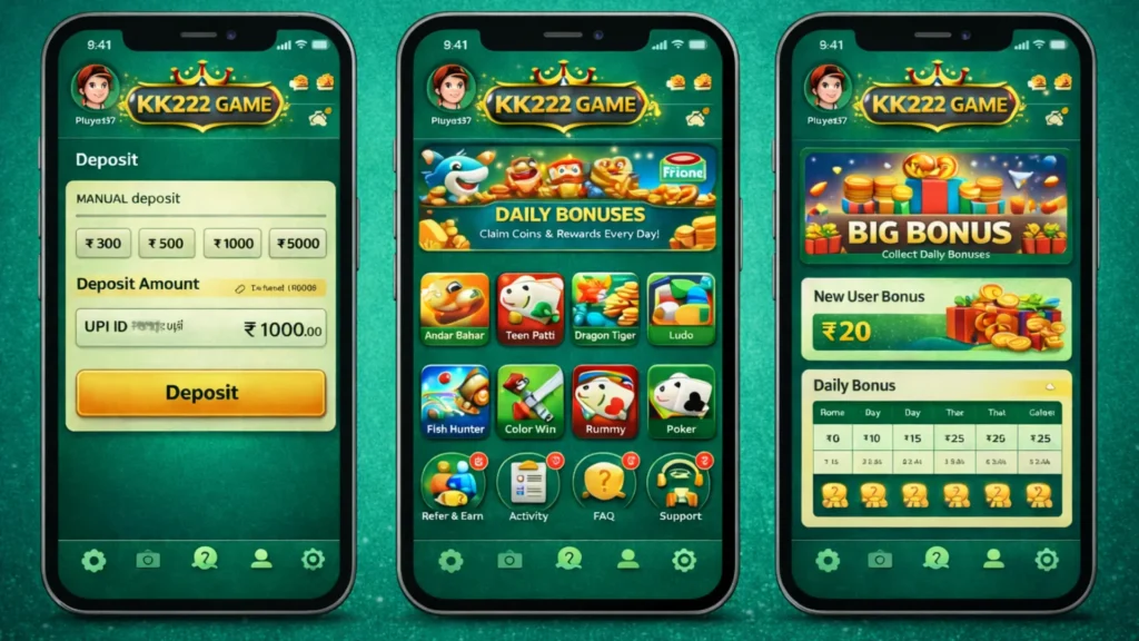 KK222 Game app interface showing deposit screen, game selection dashboard, and bonus rewards on Android mobile
