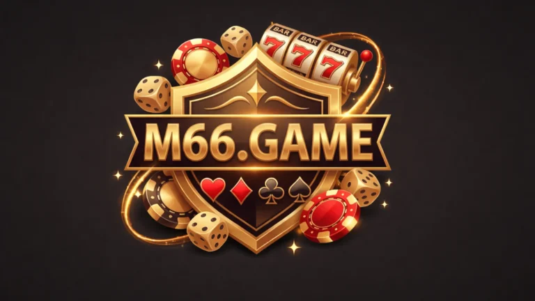 M66.GAME casino logo with golden shield, dice, poker chips, and slot machine design on dark background
