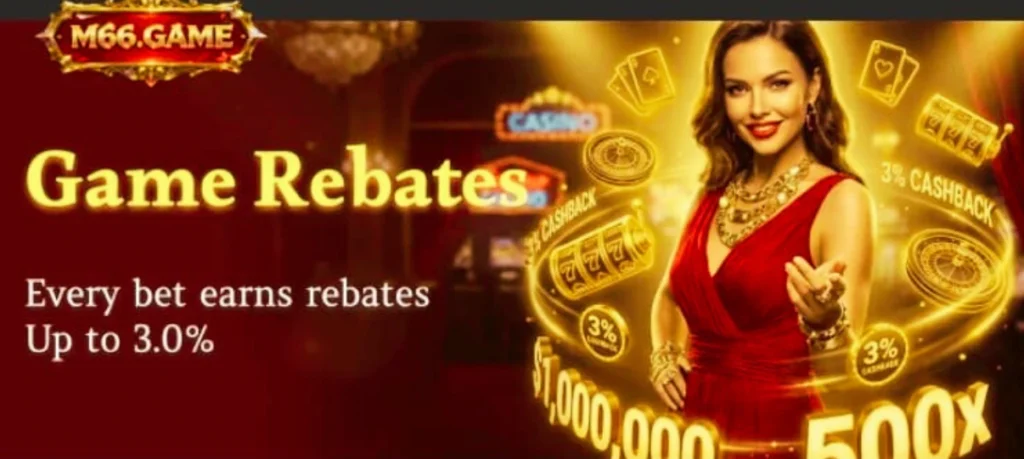 M66 Game rebates banner showing up to 3.0% cashback reward on every bet with casino theme