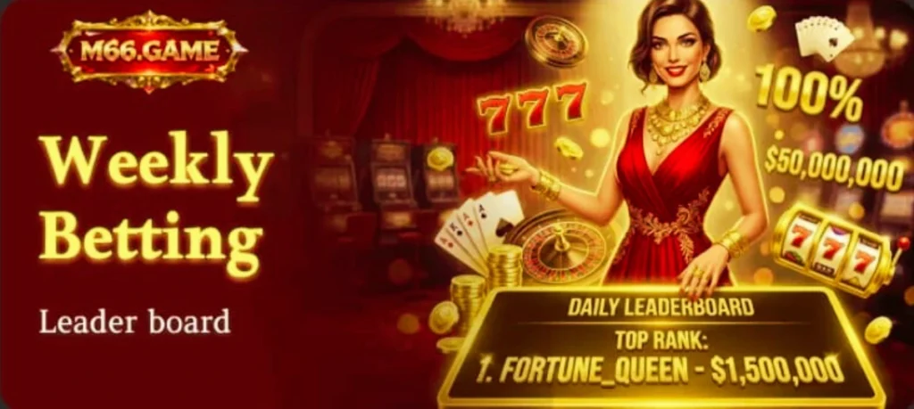 M66 Game weekly betting leaderboard banner showing daily ranking rewards and casino theme