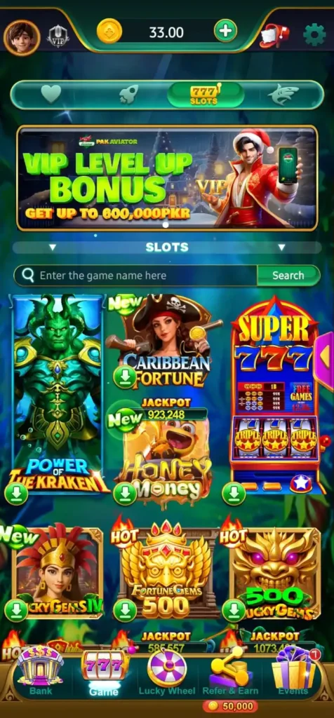 PAK Aviator APK slots screen with new games, jackpot section, and VIP bonus banner