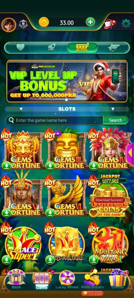 PAK Aviator slots interface with Gems Fortune games, VIP bonus offer, and search bar