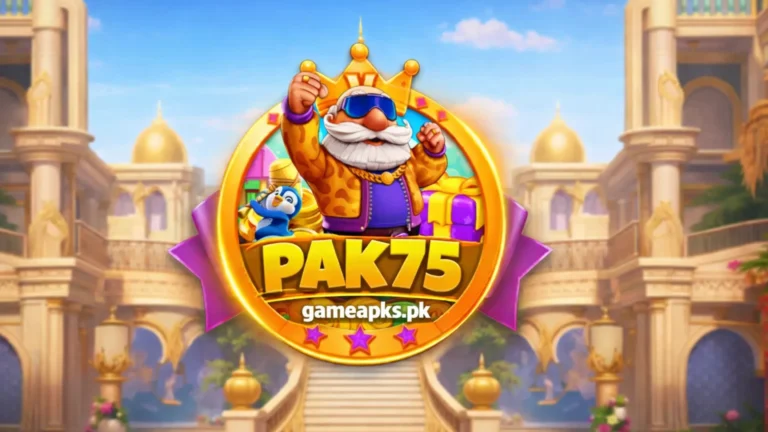 PAK75 Game logo with gameapks.pk website text on a royal casino-style background