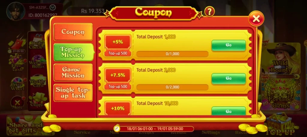 PAK75 Game coupon screen showing top-up mission bonuses with deposit targets and percentage rewards