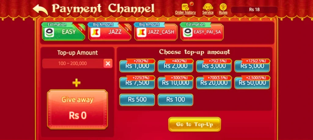 PAK75 Game payment channel screen showing Easy paisa and Jazz Cash top-up options with deposit amounts in PKR
