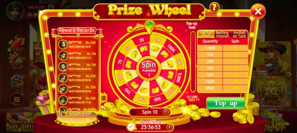 PAK75 Game prize wheel screen showing spin rewards, coin prizes, and top-up task details