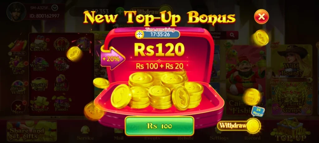 PAK75 Game new top-up bonus offer showing Rs120 reward with 20% extra bonus on deposit
