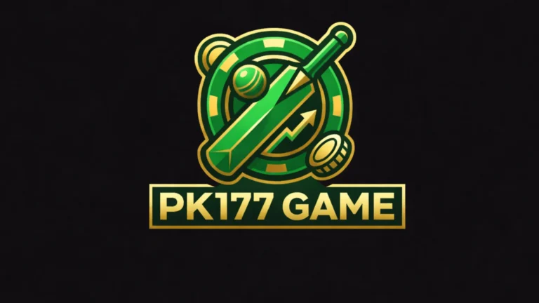 PK177 Game logo with green cricket bat and gold casino chip on dark background