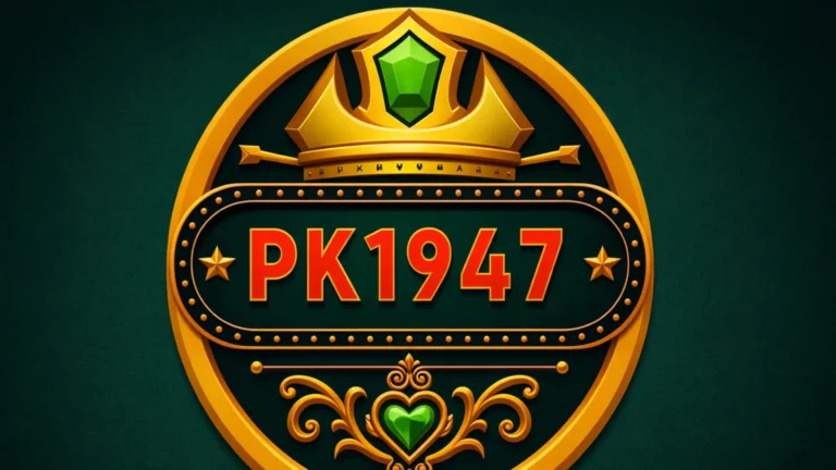 PK1947 logo with golden circular emblem, red PK1947 text, crown symbol, and green gemstone on a dark green background.