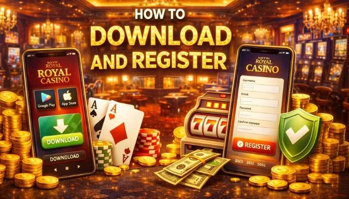 RoyalX777 app download and registration interface on a smartphone, surrounded by slot machines, poker chips, gold coins, and playing cards in a luxurious casino setting.