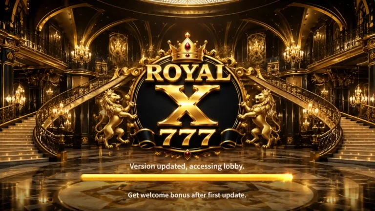 Royal X 777 game loading screen with a luxury golden palace background, royal crown logo, glowing lights, and update progress bar.