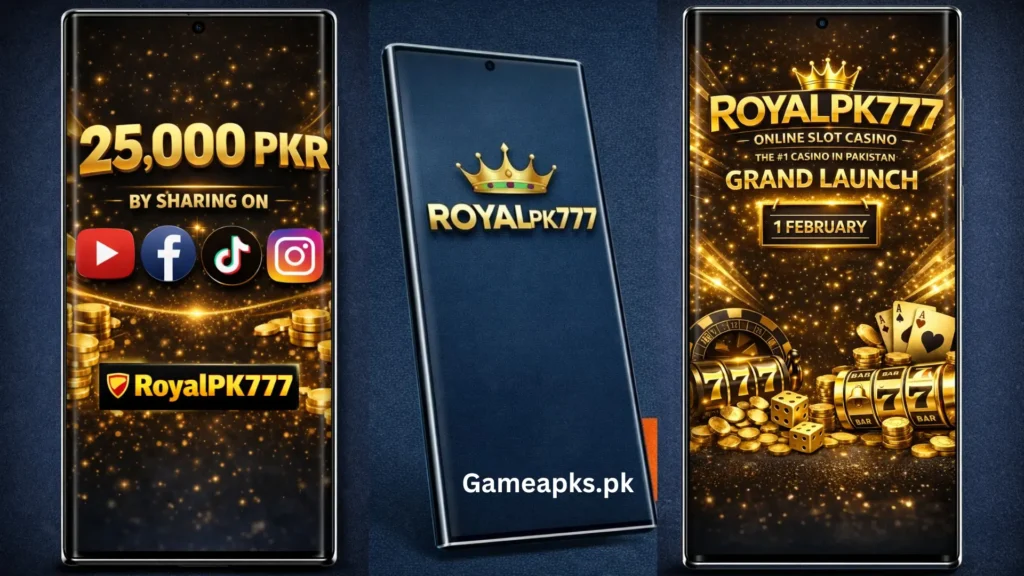 RoyalPK777 promotional banner showing three mobile screens with bonus rewards, official logo, and grand launch casino offers in Pakistan.