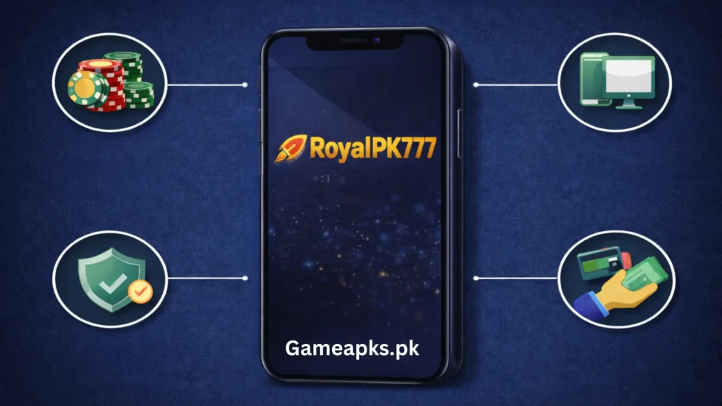 RoyalPK777 feature image showing mobile app interface with casino games, secure system, device support, and easy deposit and withdrawal options.