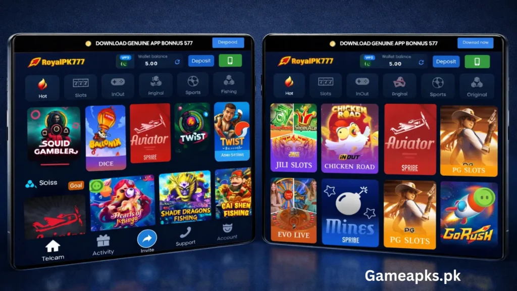 RoyalPK777 game lobby showing multiple slot games, casino categories, wallet balance, and deposit options on mobile screens.